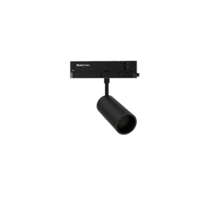 Close-up of a black DuraGreen track light with a rectangular housing and an adjustable cylindrical spotlight against a dark background.