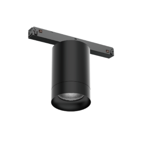 3D rendering of a black ceiling track light with a horizontal bar and copper-toned LED modules at the ends, viewed from below