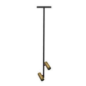 Tall black floor lamp with a horizontal top bar and three wooden arms extending from the central rod.