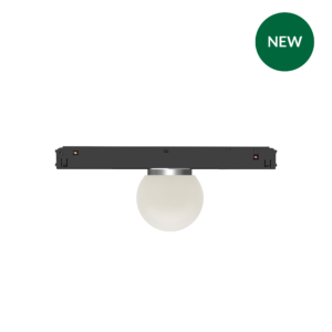 Overhead track lighting fixture with a single frosted glass bulb hanging from a ceiling track; a green NEW badge overlaps the top-right area.