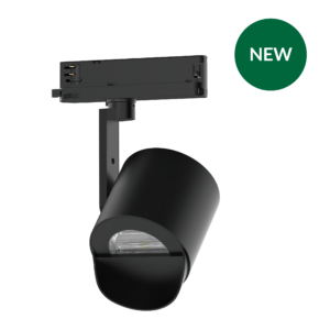 Black stage spotlight on a stand with a green circular NEW badge to the side.