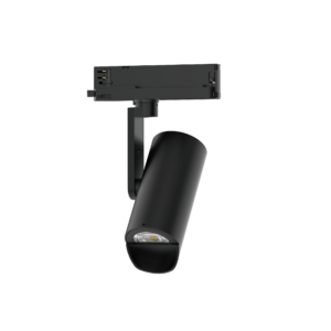 Close-up of a black rectangular LED module mounted on a metal support arm, as seen from the side against a black background.