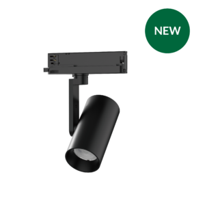 Black adjustable desk lamp with a cylindrical shade and a large green circular NEW badge to the right.