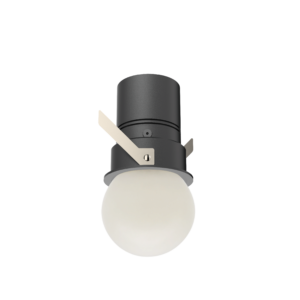 Close-up of a dark gray cylindrical lighting fixture with a frosted white bulb at the bottom and beige mounting brackets on the sides.