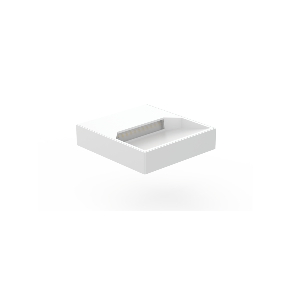 White rectangular LED light fixture with a visible yellow LED strip inside, photographed at an angle on a white background.