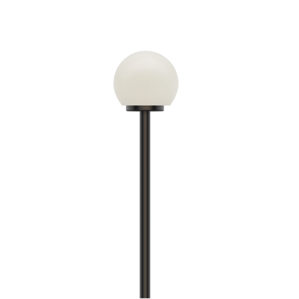 Tall street lamp with a round white globe against a dark sky.