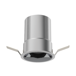 Ceiling fan with a cylindrical housing and four curved blades seen from below, against a black background.