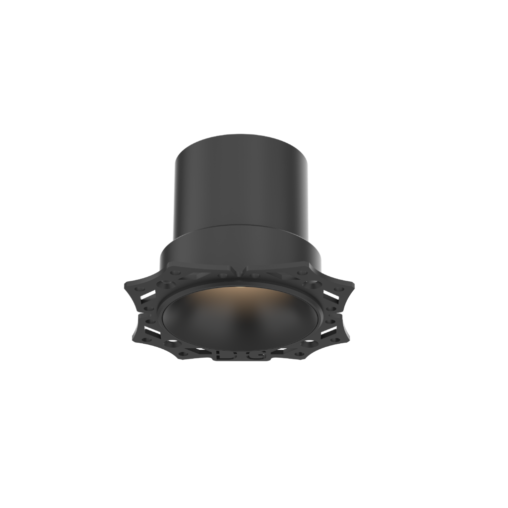 Close-up of a glossy black cylindrical component with a detachable base plate featuring multiple holes, viewed from below against a black background.