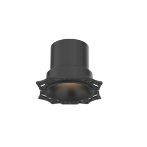 Close-up of a glossy black cylindrical component with a detachable base plate featuring multiple holes, viewed from below against a black background.