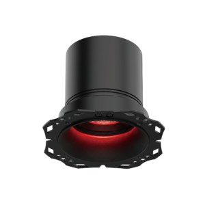 Close-up of a black metallic cylinder with a red glowing ring at its base against a black background.