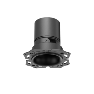 Close-up of a gray cylindrical metal component with a round flange at the bottom, featuring multiple bolt holes, viewed from below against a black background.
