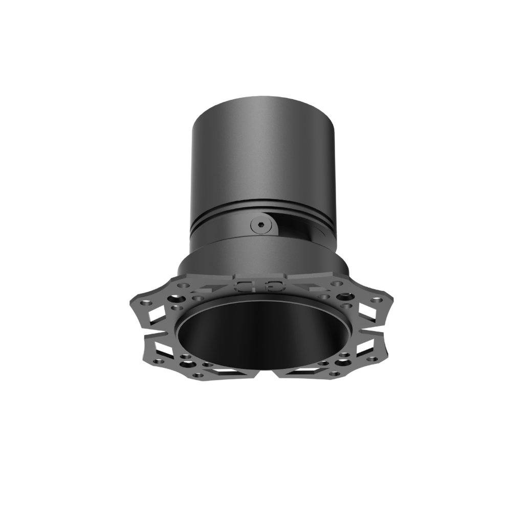 Close-up of a gray cylindrical connector with a round flange and bolt holes, set against a black background.