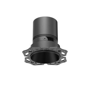Close-up of a gray cylindrical connector with a round flange and bolt holes, set against a black background.