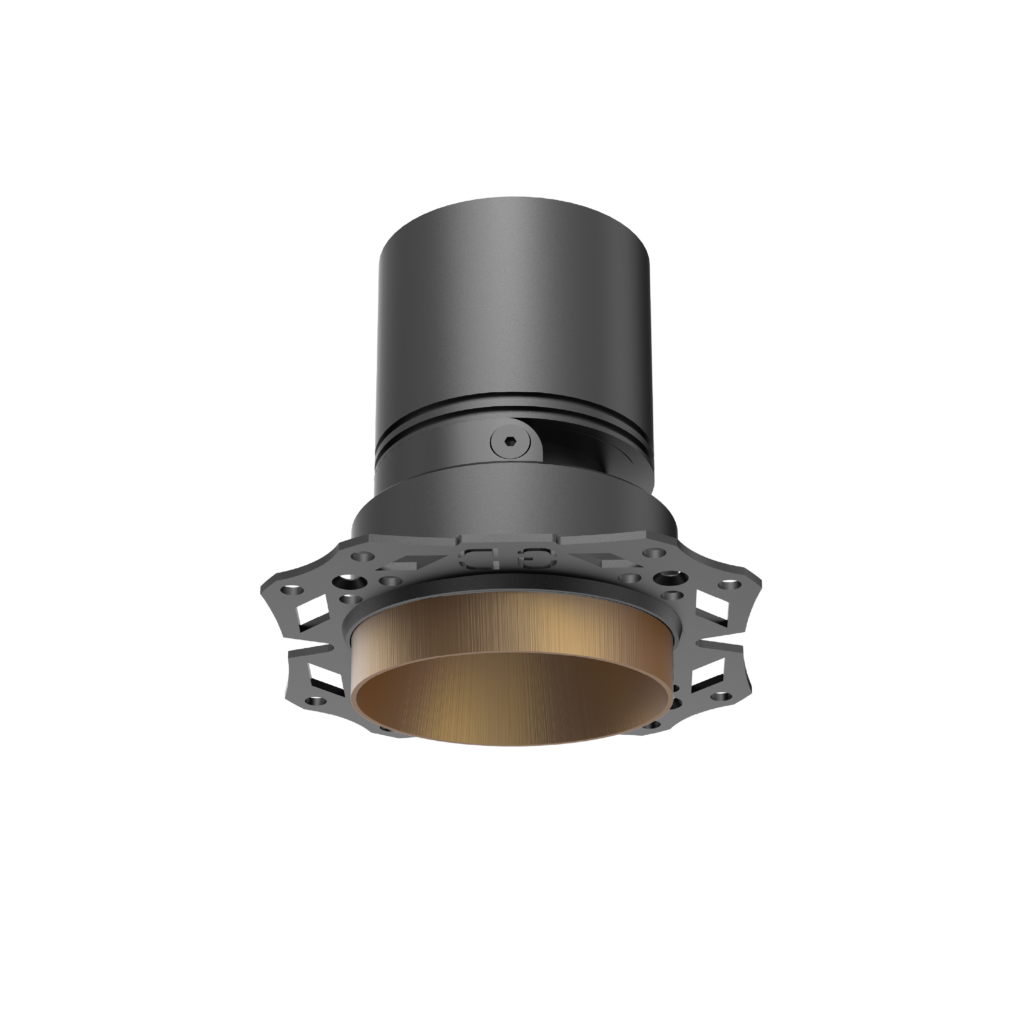 3D-rendered metal cylinder with a copper-lined bore and a perforated flange, shown against a black background (industrial mechanical component).
