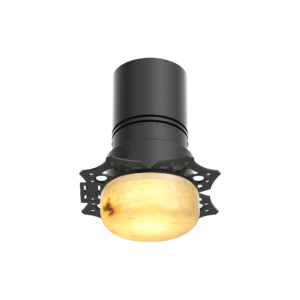 Exploded view of a metal cylindrical roasting drum above a single roasted coffee bean on a dark background.