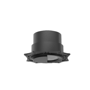 Close-up of a dark gray cylindrical metal housing with a round mounting flange on a black background.