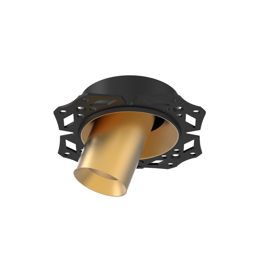 Close-up of a bronze pipe passing through a dark gray flange with multiple holes, viewed from below against a black background.