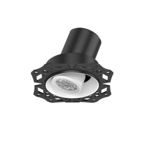 1pro-12 | DuraGreen Close-up of a black stage spotlight with a cylindrical LED head mounted on a circular yoke against a black background.