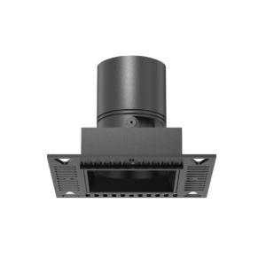 1pro-13 | DuraGreen Metallic vertical cylindrical exhaust/vent duct attached to a square mounting frame with a perforated grille at the bottom, set against a black background.