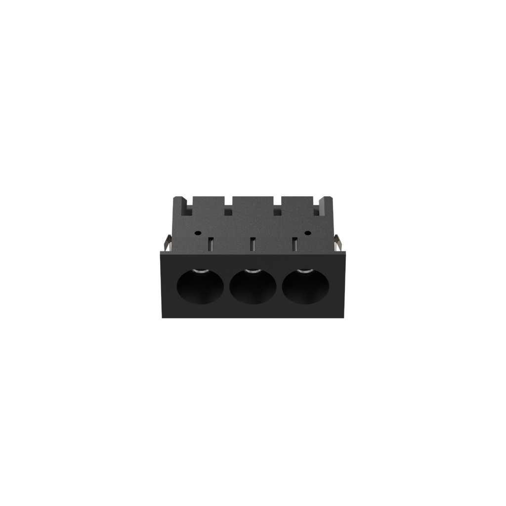 Dark gray electrical connector block viewed from the front with three large circular sockets/holes at the bottom.