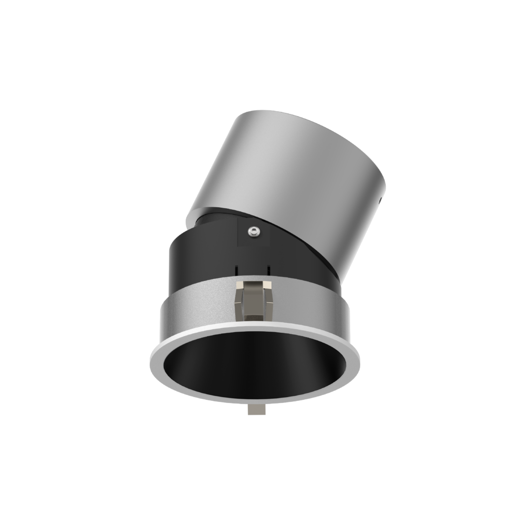 Close-up of a silver cylindrical device with a black base and a large curved metallic sleeve, photographed against a black background.
