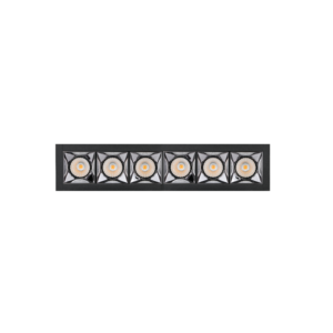 Close-up of a dark metal wall sconce with six square glass panels, each containing a circular LED light with an orange center.