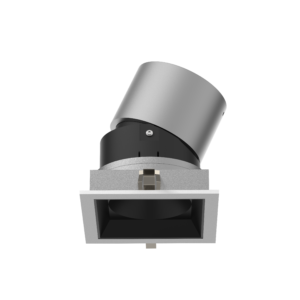 2 | DuraGreen Close-up of a silver cylindrical stage light head mounted to a dark base, set against a black background.