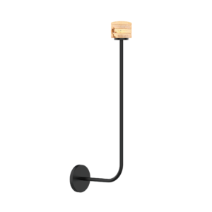 Wall-mounted black metal lamp with stacked beige circular shades forming a ringed shade against a black background