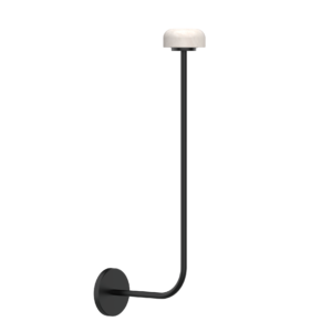 Wall-mounted contemporary wall sconce with a curved black arm and a round white marble shade attached to the wall plate.