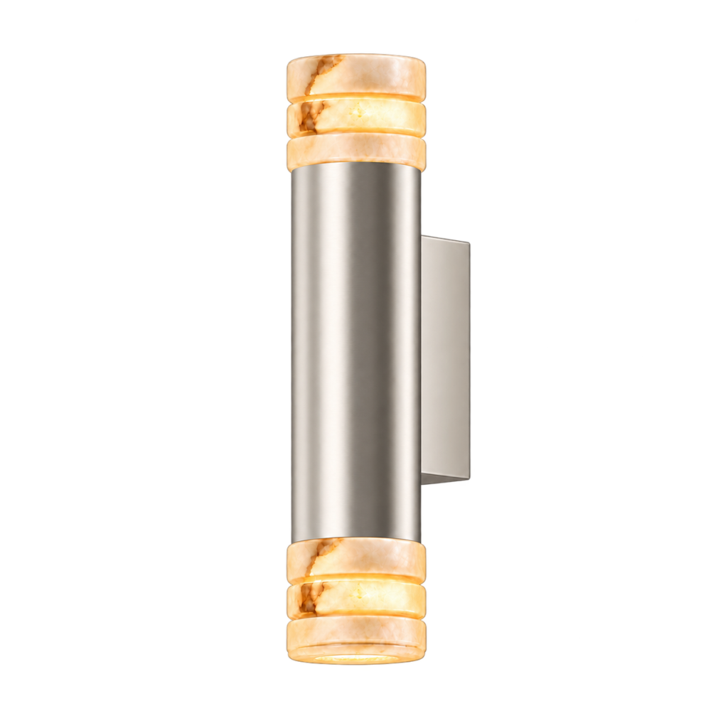 Industrial stainless steel door handle with marble-like end caps and a wall-mounted backplate on the side