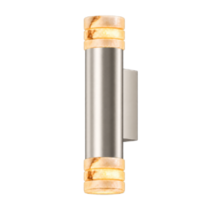 Industrial stainless steel door handle with marble-like end caps and a wall-mounted backplate on the side
