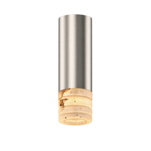 Tall stainless steel cylinder against a black background with a stack of bagels at the bottom edge.
