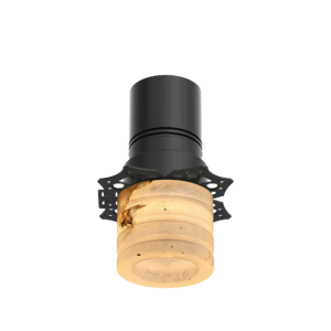 Exploded 3D rendering of a tall dark gray cylindrical device with a segmented collar and a perforated circular mounting plate, ending in a light-brown cookie-like disk at the bottom.