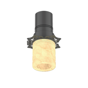 AS-03 | DuraGreen Illuminated warm-glow light bulb seen from below, with a gray cylindrical socket above against a black background.