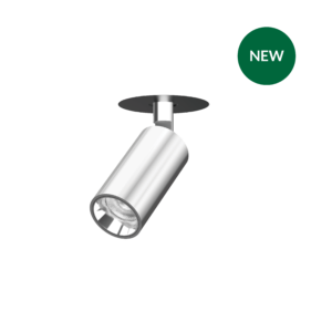 Close-up of a silver cylindrical ceiling spotlight with a black flat mount and a green circular NEW badge in the corner.
