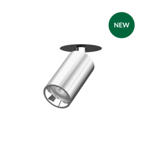 Silver cylindrical spotlight with a circular mounting plate and a textured end, labeled NEW with a green badge in the corner