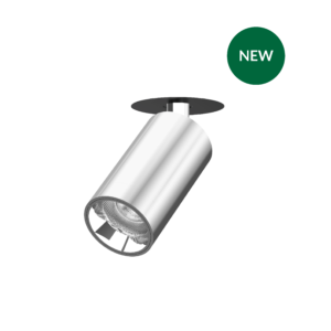 New cylindrical LED ceiling light fixture with a clear lens at the end and a green 'NEW' badge in the corner