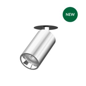 Close-up of a cylindrical silver spotlight with a black circular mount, showing a perforated inner cone; a green circular badge labeled NEW appears to the right.