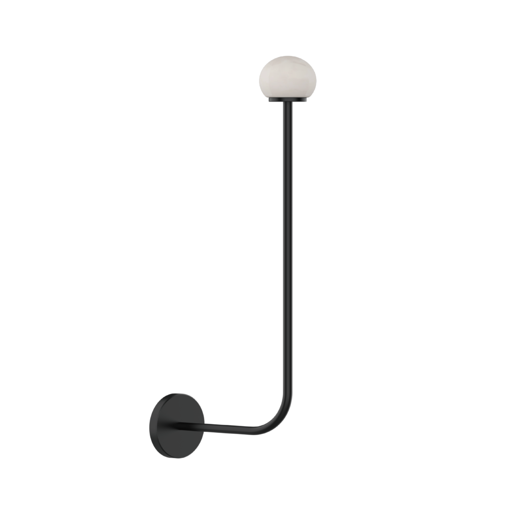 Wall-mounted black metal sconce with a frosted white globe shade