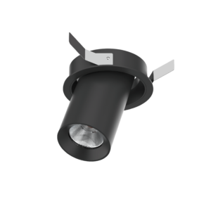 Close-up of a black cylindrical spotlight housing with three silver mounting brackets extending outward from the top and sides.