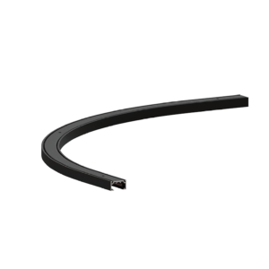 Curved black cable raceway with a separate modular end piece, shown against a dark background (cable management channel).