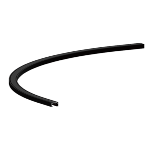 Close-up of a black curved cable with a rectangular connector on one end against a black background.