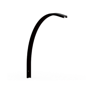 Curved streetlight arm with a rectangular lamp at the end, set against a snowy ground and dark sky.