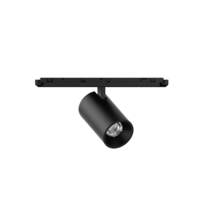 Close-up of a black ceiling-mounted track light with a cylindrical spotlight pointing forward.