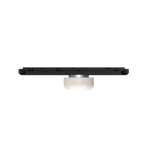 Wide black computer monitor resting on a white marble pedestal against a black background, viewed from the front.