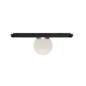 Track lighting fixture with a single white globe bulb hanging from a black rail against a dark background