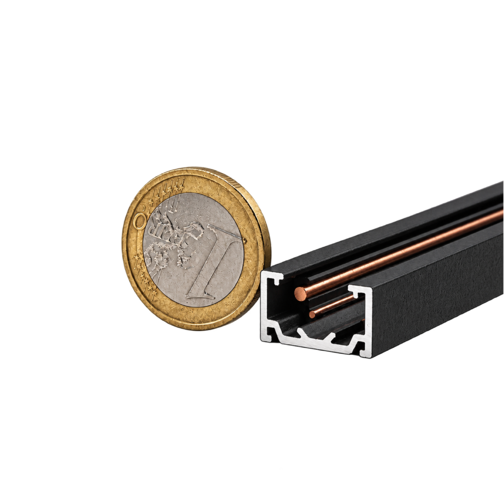 Close-up of euro coins resting beside a black metal tool with copper rods on a black background.