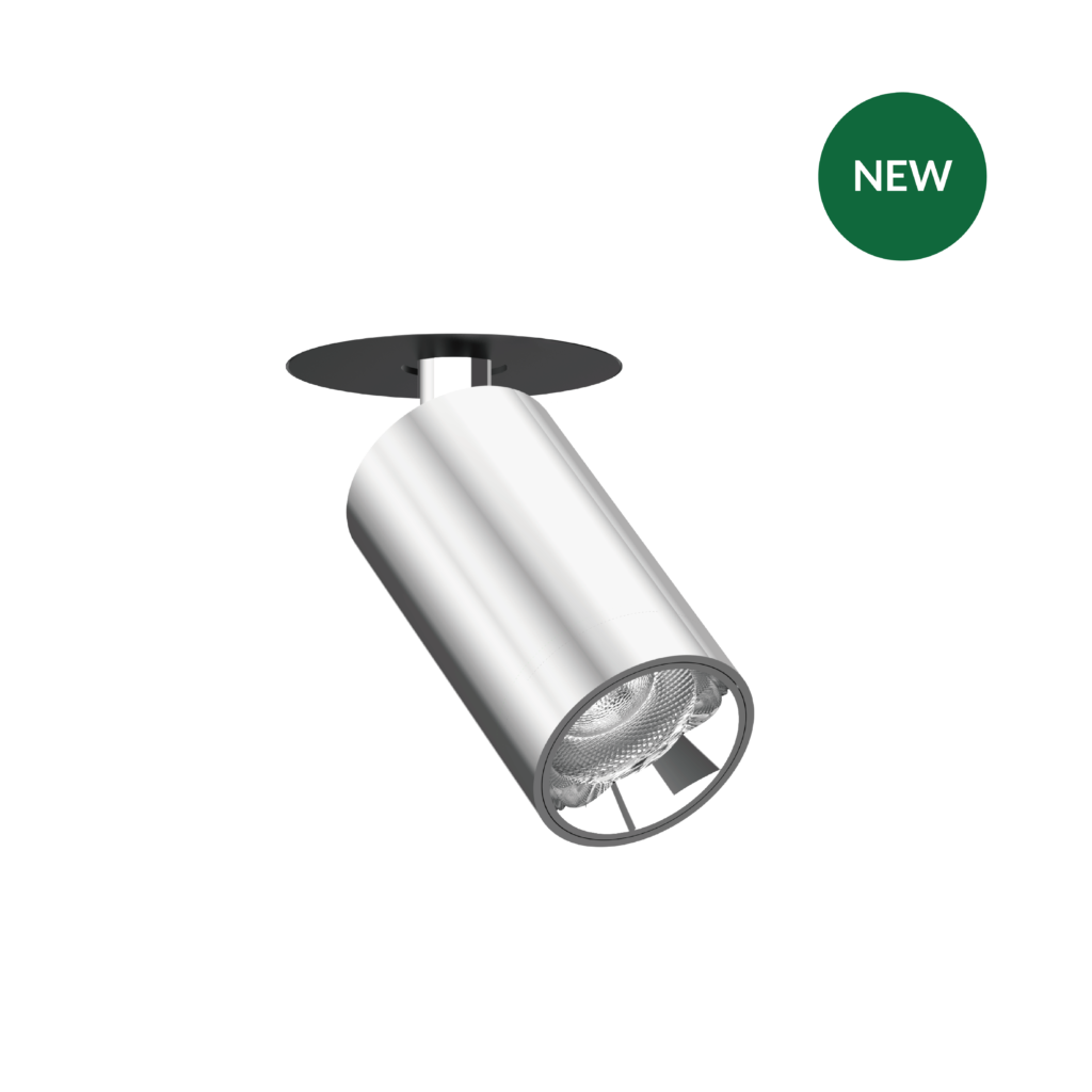 White cylindrical track-light hanging from a black ceiling plate, with a green NEW badge on the right.