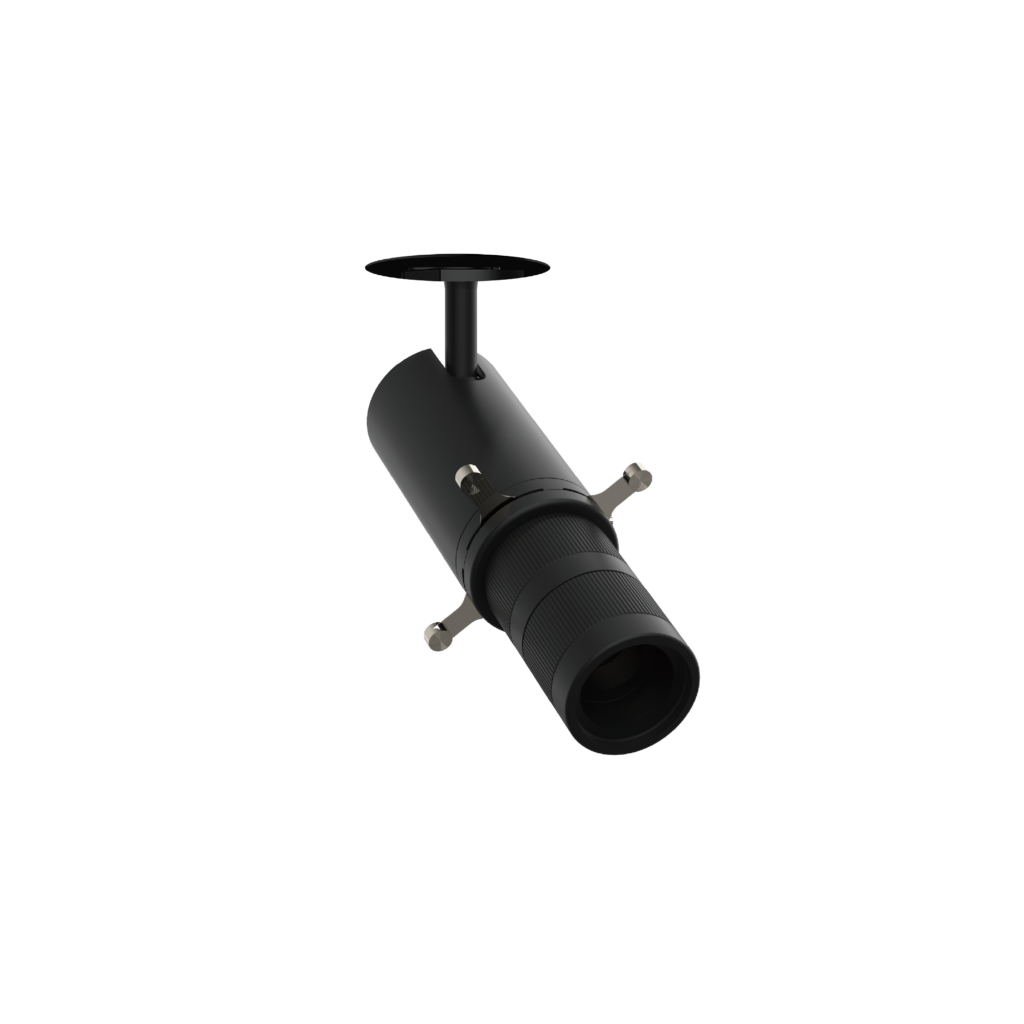 Close-up of a black ceiling spotlight with a round mounting plate and adjustable arm, viewed at an angle.