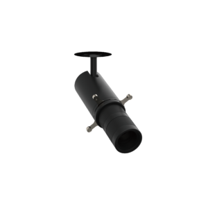 Orbit Framing-03 | DuraGreen Close-up of a black ceiling spotlight with a round mounting plate and adjustable arm, viewed at an angle.